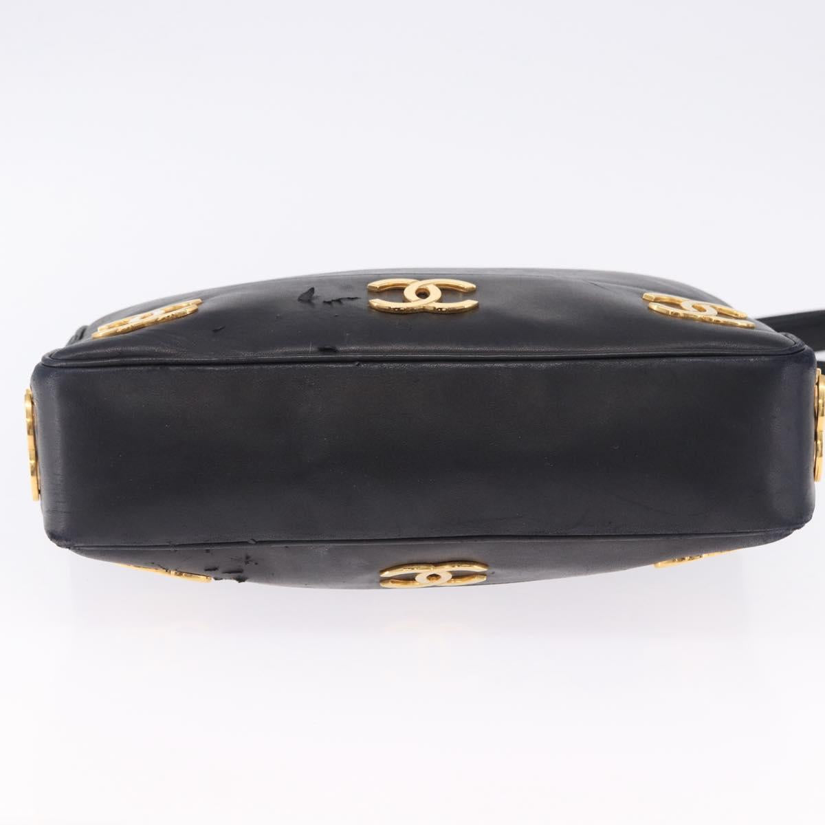 CHANEL Triple Coco Chain Shoulder Tote Bag Leather Black Gold CC Auth 198357