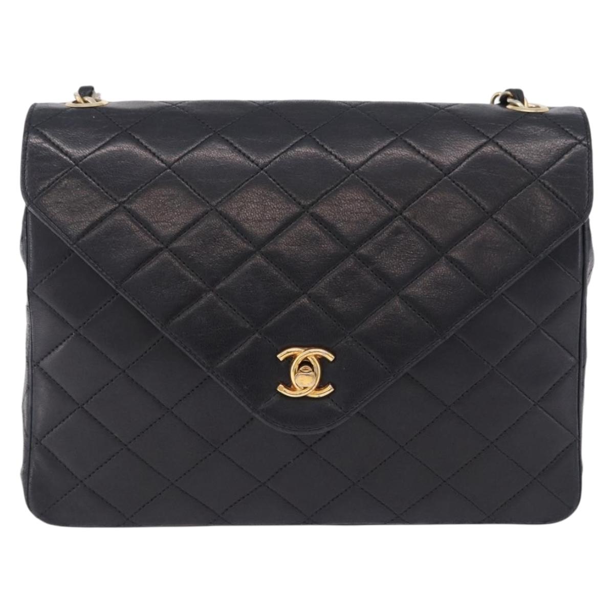CHANEL Matelasse Chain Shoulder Bag Lamb Skin Black Gold Tone CC Auth 198373V