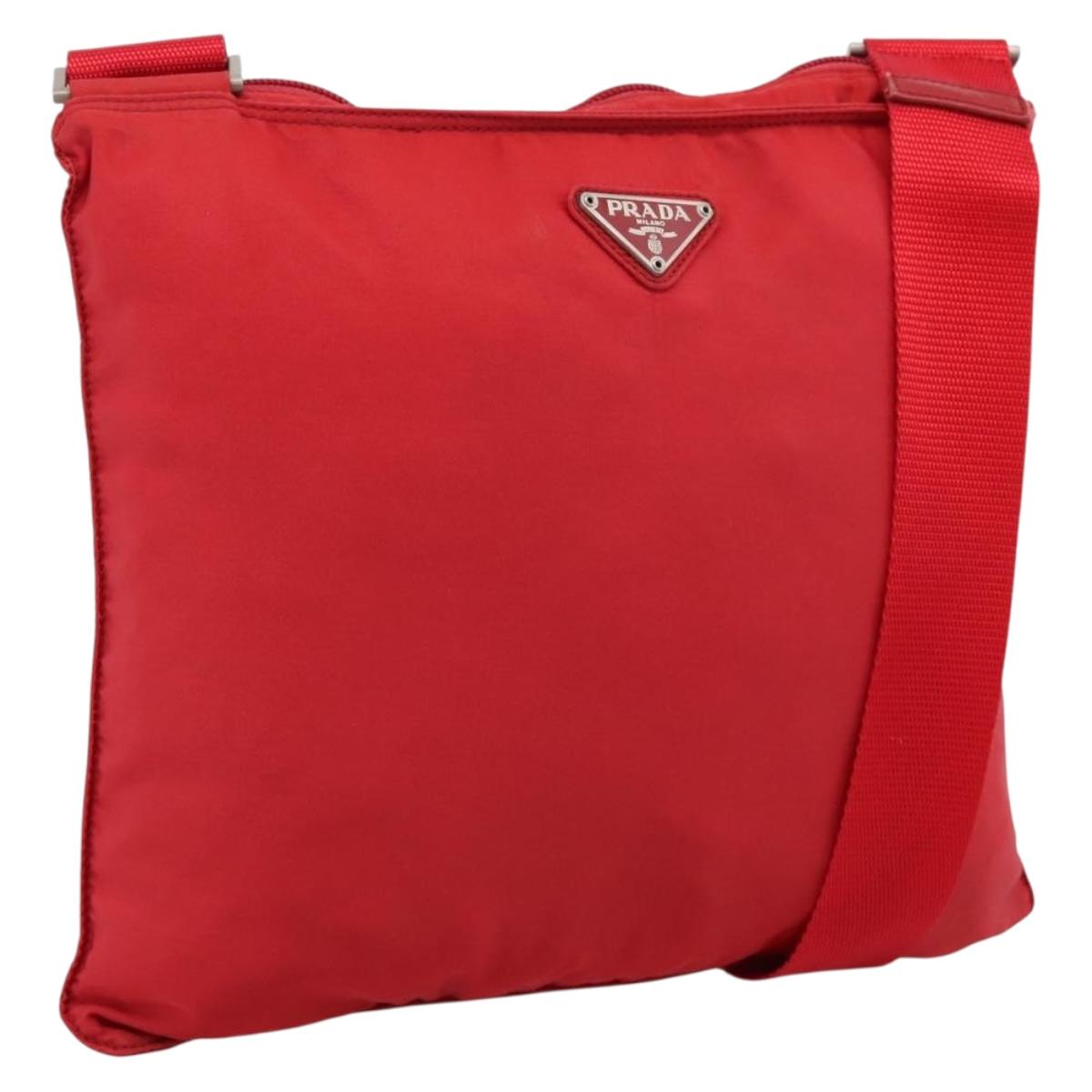 PRADA Shoulder Bag Nylon Red Silver Auth 198455