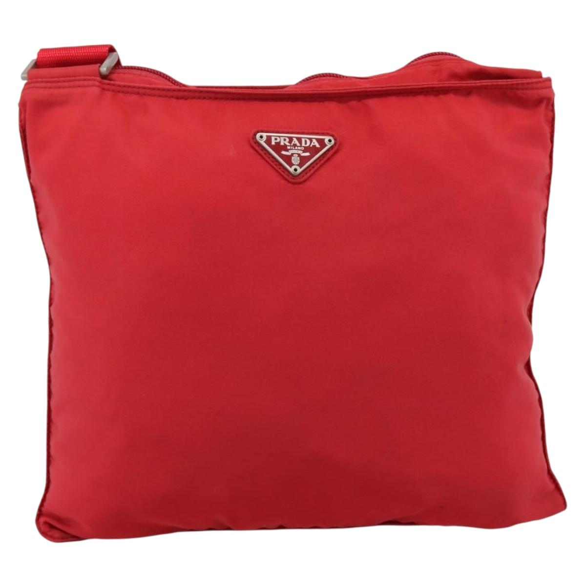 PRADA Shoulder Bag Nylon Red Silver Auth 198455