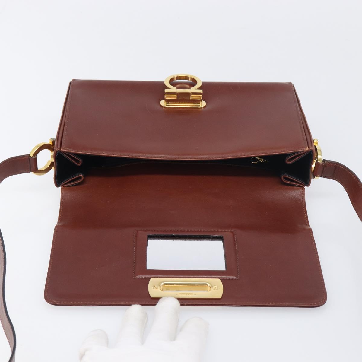 Salvatore Ferragamo Gancini Shoulder Bag Leather Brown Gold Tone Auth 198463A