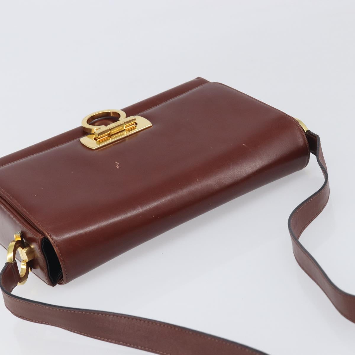 Salvatore Ferragamo Gancini Shoulder Bag Leather Brown Gold Tone Auth 198463A