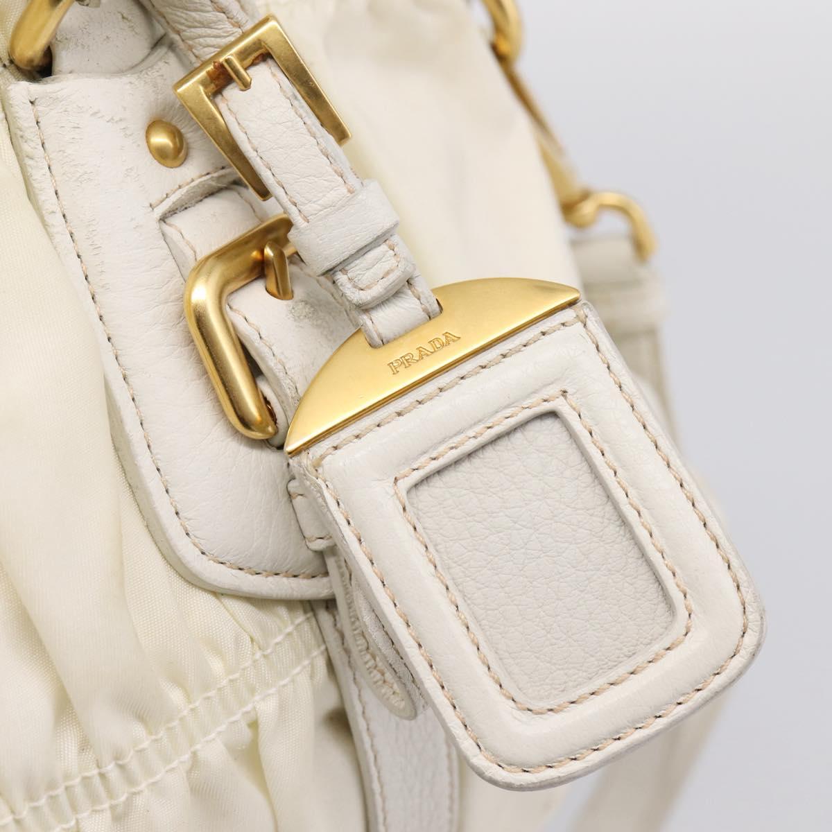 PRADA Gathered Hand Bag Nylon 2way White Gold Tone Auth 198464