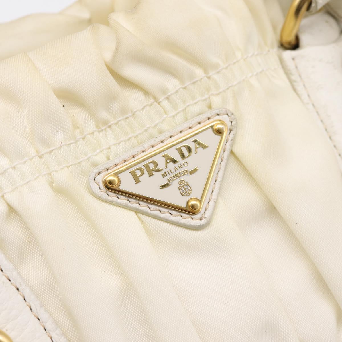 PRADA Gathered Hand Bag Nylon 2way White Gold Tone Auth 198464