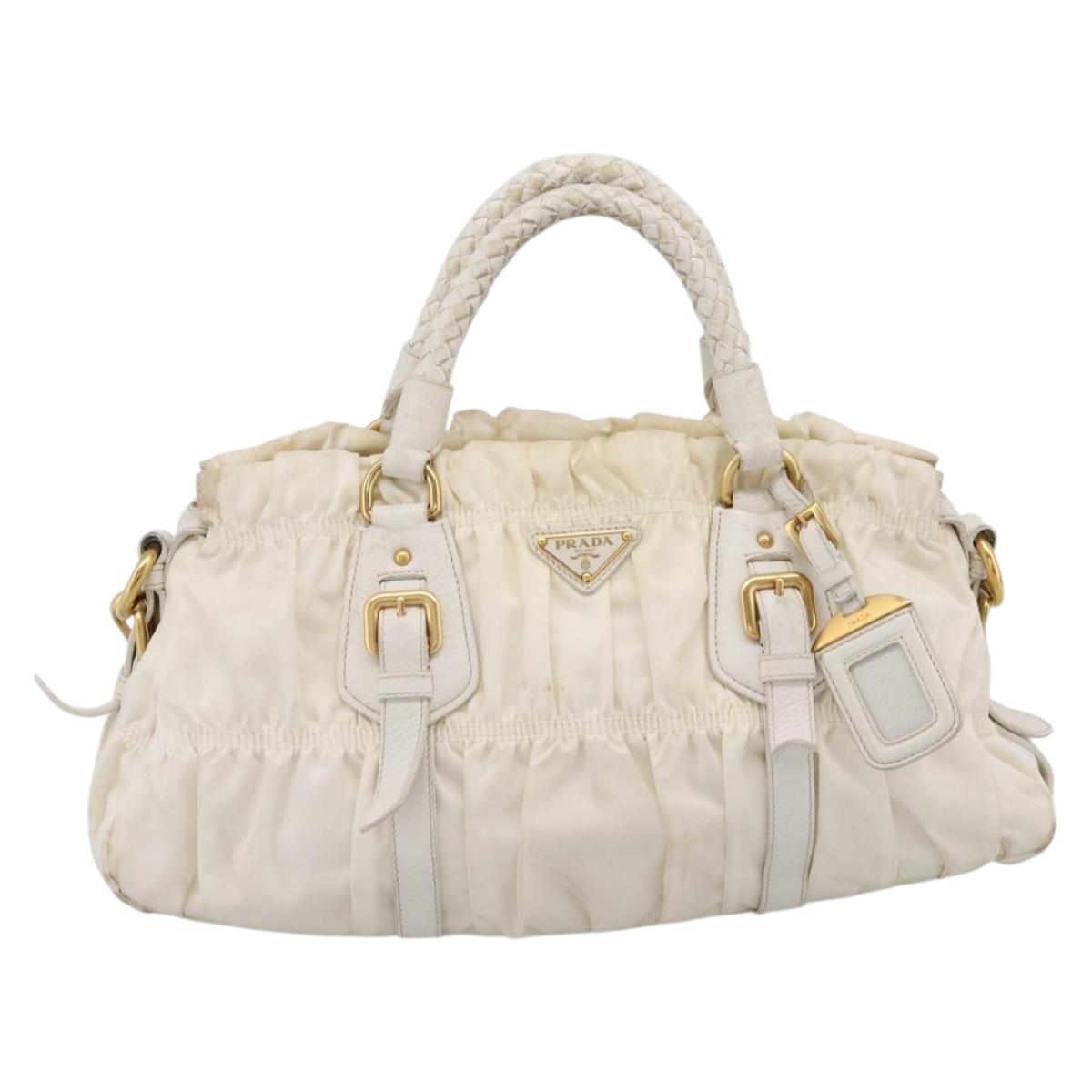 PRADA Gathered Hand Bag Nylon 2way White Gold Tone Auth 198464