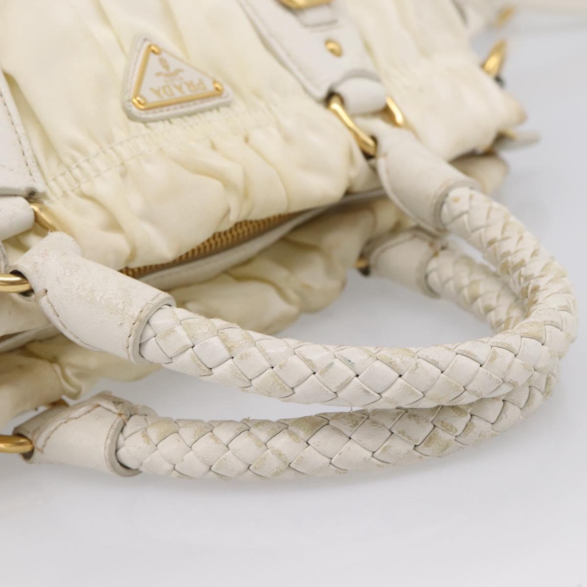 PRADA Gathered Hand Bag Nylon 2way White Gold Tone Auth 198464