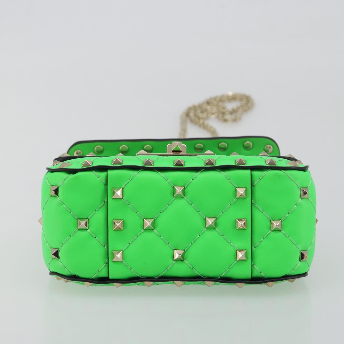 VALENTINO Micro Rockstud Chain Shoulder Bag Leather 2way Green Gold Auth 198465V