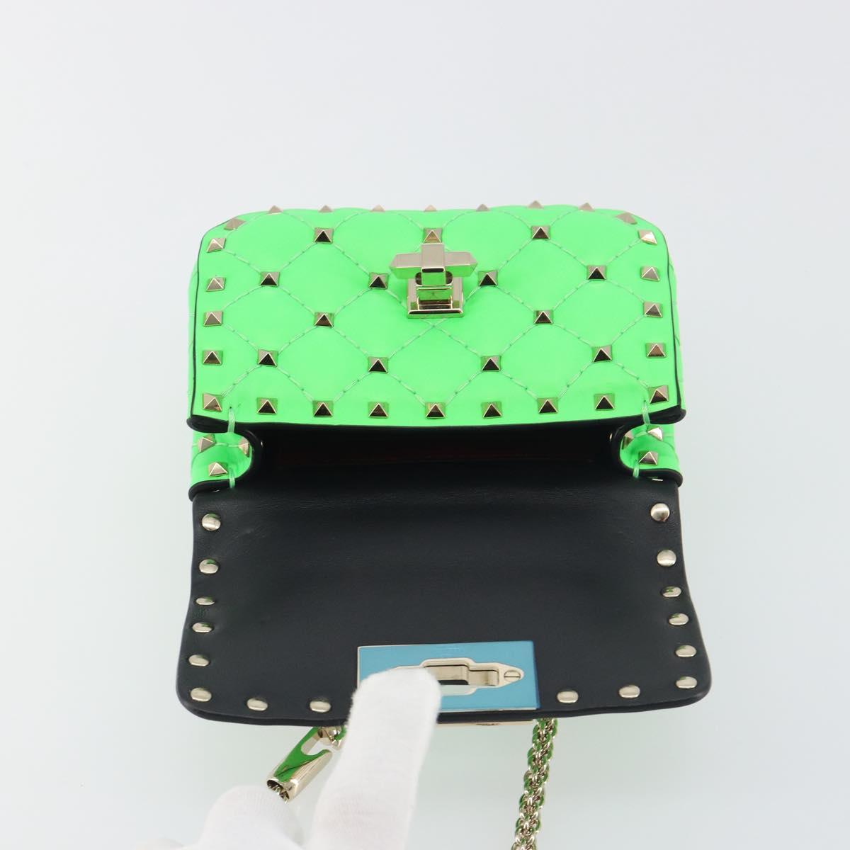 VALENTINO Micro Rockstud Chain Shoulder Bag Leather 2way Green Gold Auth 198465V