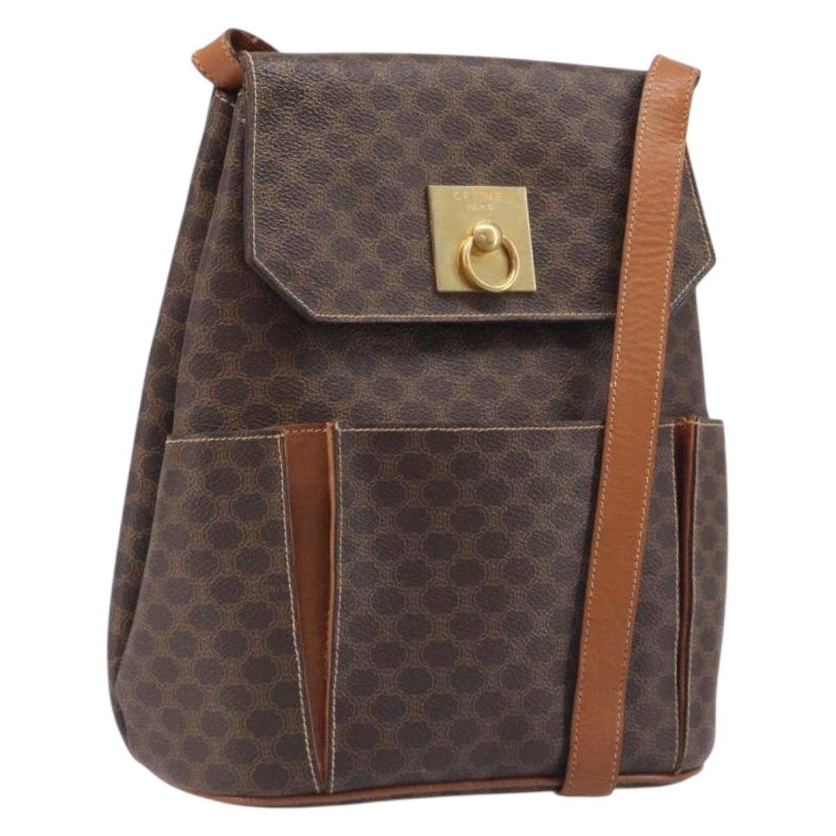 CELINE Macadam Shoulder Bag PVC Leather Brown Gold Tone Auth 198476