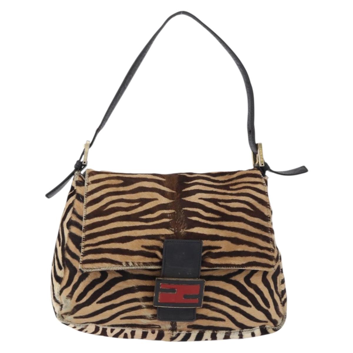 FENDI Mamma Baguette Shoulder Bag Harako leather Beige Black Auth 198478A