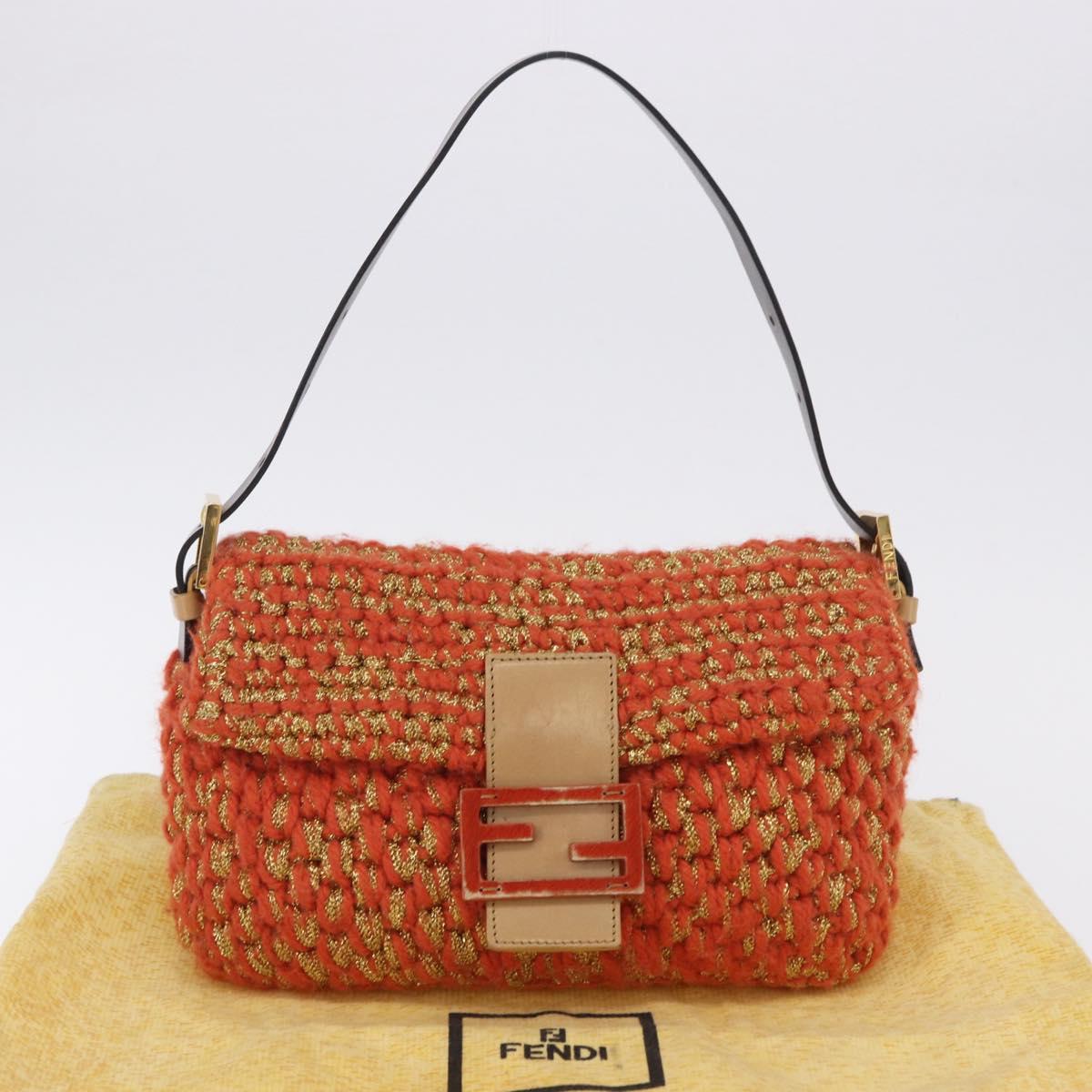 FENDI Mamma Baguette Shoulder Bag Knitted Fabrics Orange Gold Auth 198479SAM