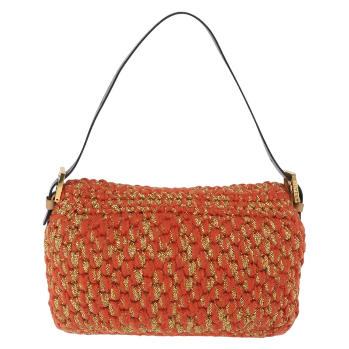 FENDI Mamma Baguette Shoulder Bag Knitted Fabrics Orange Gold Auth 198479SAM