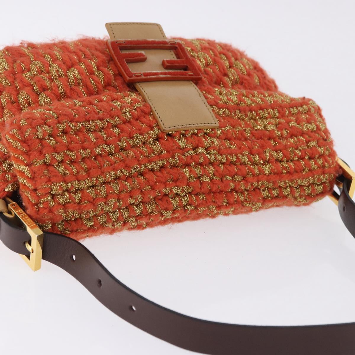 FENDI Mamma Baguette Shoulder Bag Knitted Fabrics Orange Gold Auth 198479SAM