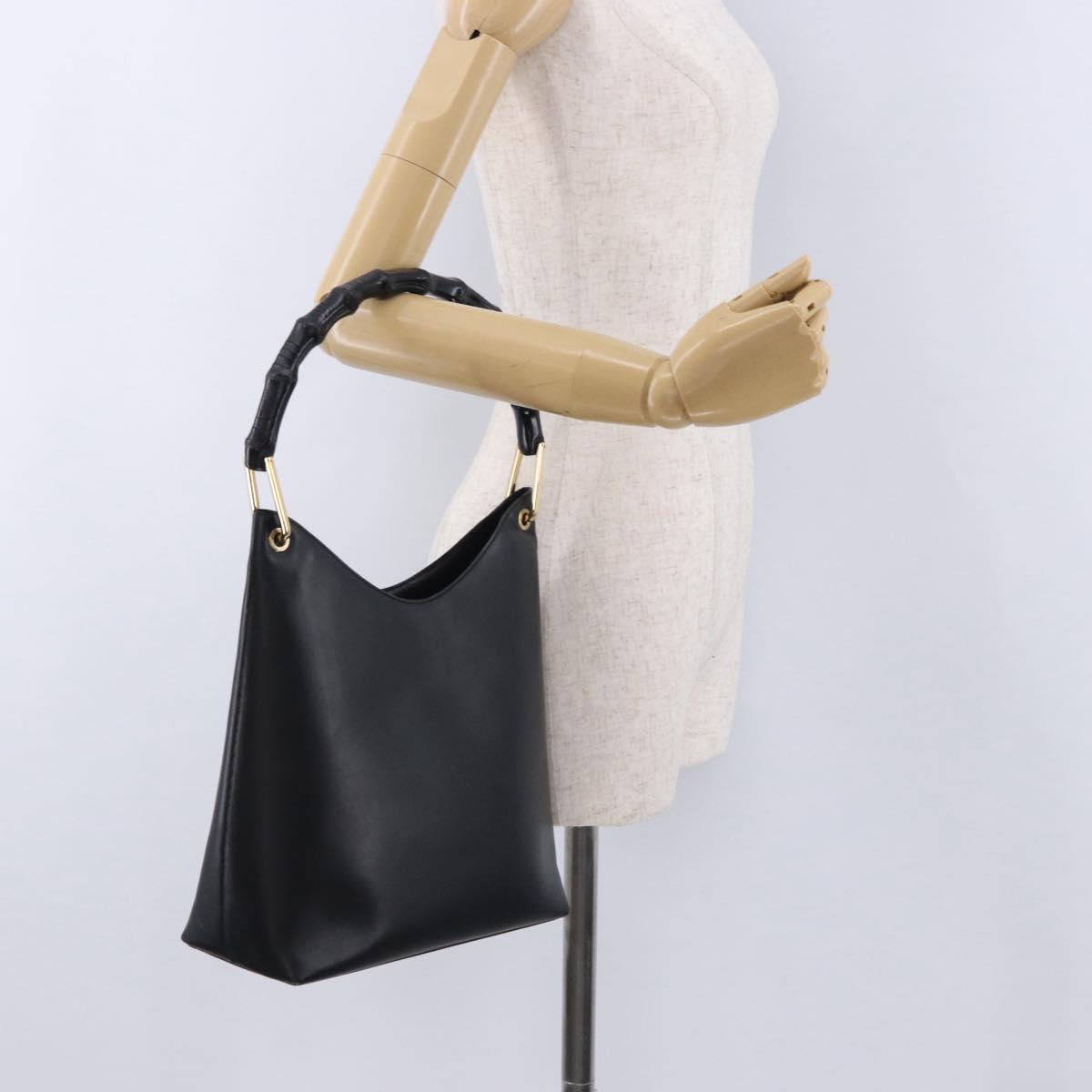 GUCCI Bamboo Hand Bag Leather Black Gold Tone 001 3007 Auth 198483