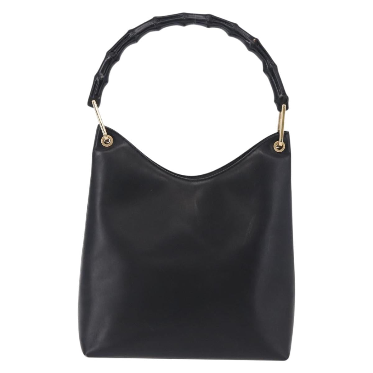 GUCCI Bamboo Hand Bag Leather Black Gold Tone 001 3007 Auth 198483