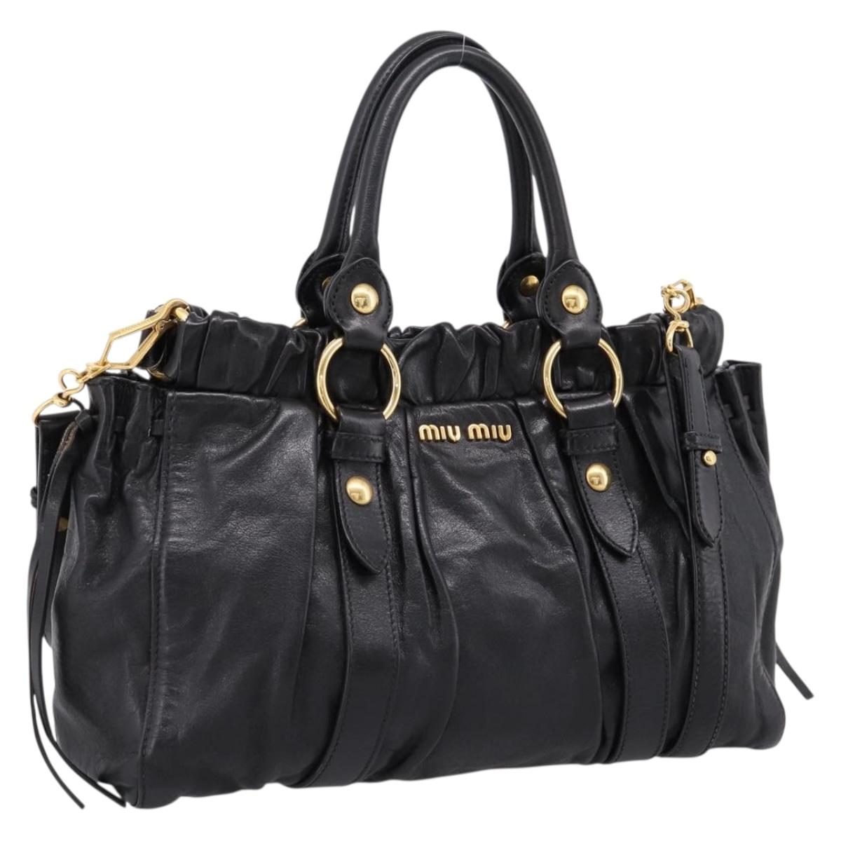 Miu Miu Vitellolux Hand Bag Leather 2way Black Gold Tone Auth 198490V