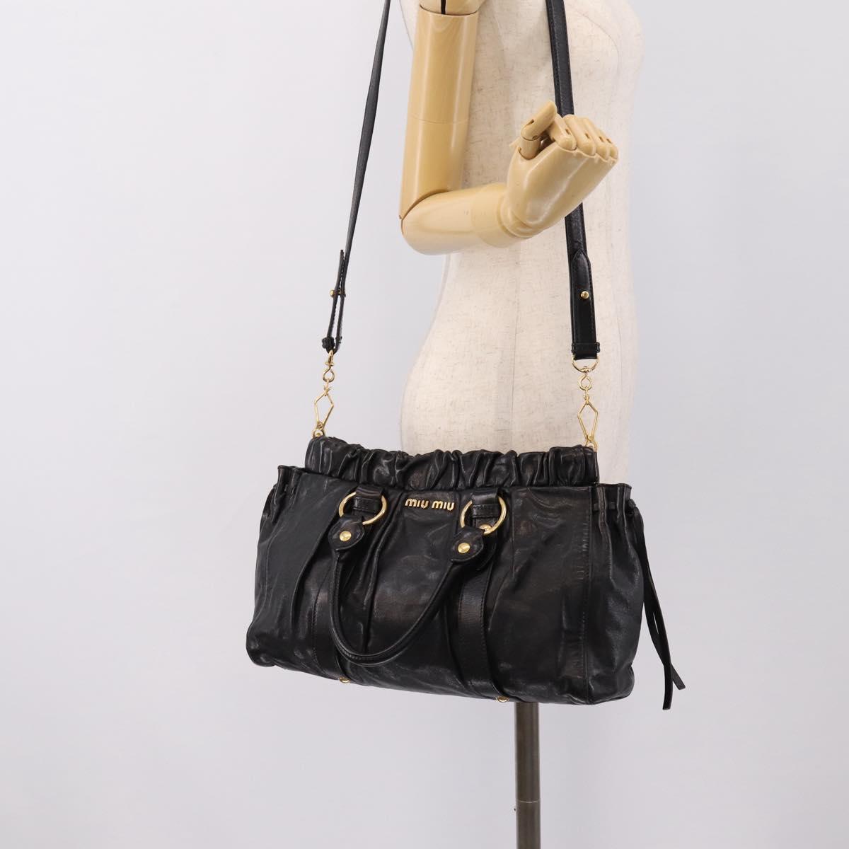 Miu Miu Vitellolux Hand Bag Leather 2way Black Gold Tone Auth 198490V
