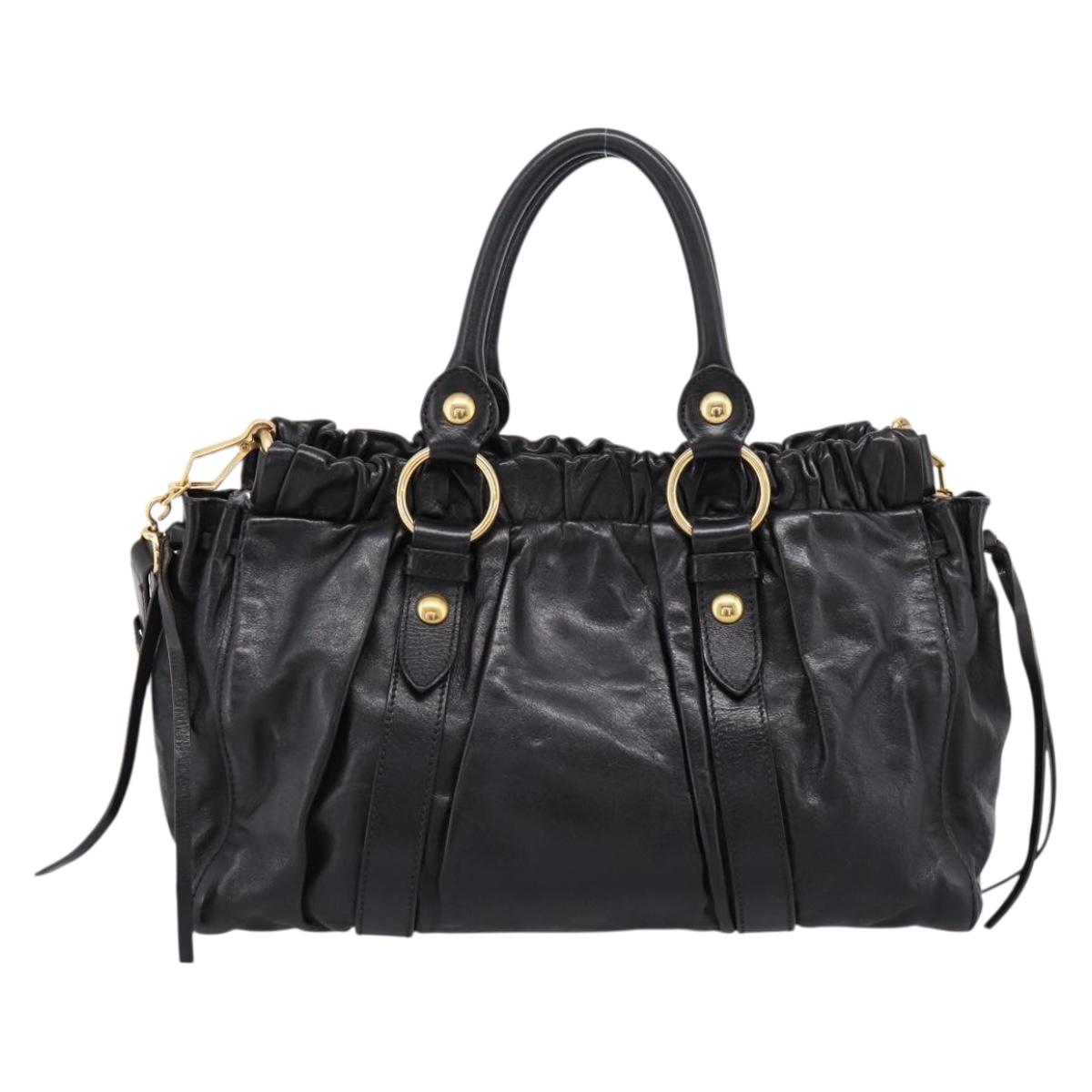 Miu Miu Vitellolux Hand Bag Leather 2way Black Gold Tone Auth 198490V