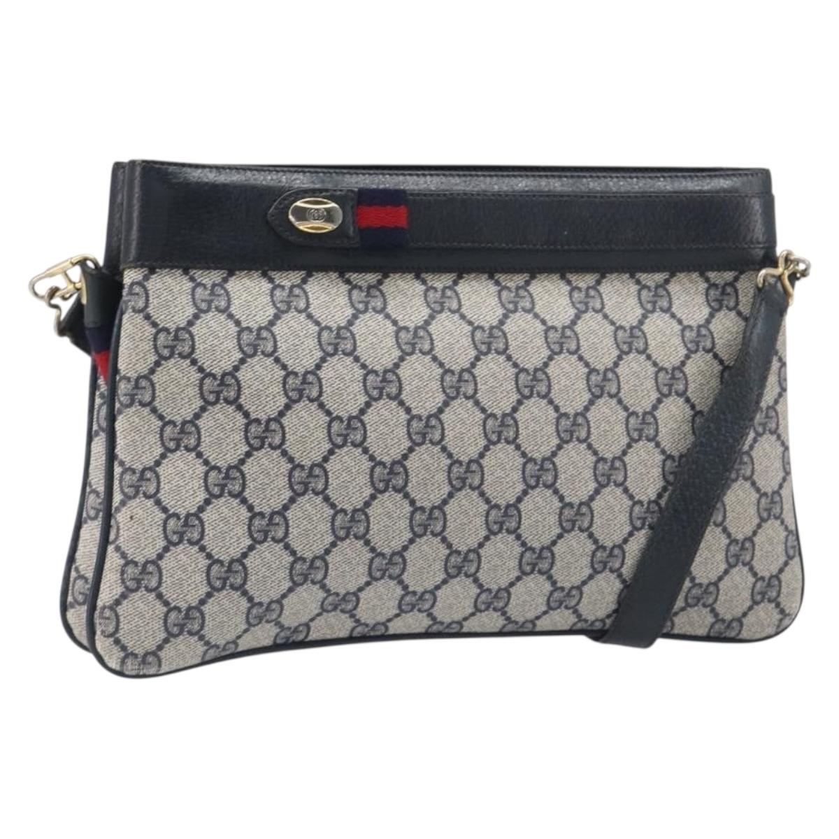 GUCCI GG Supreme Sherry Line Shoulder Bag PVC Navy Gold 904 02 035 Auth 198494