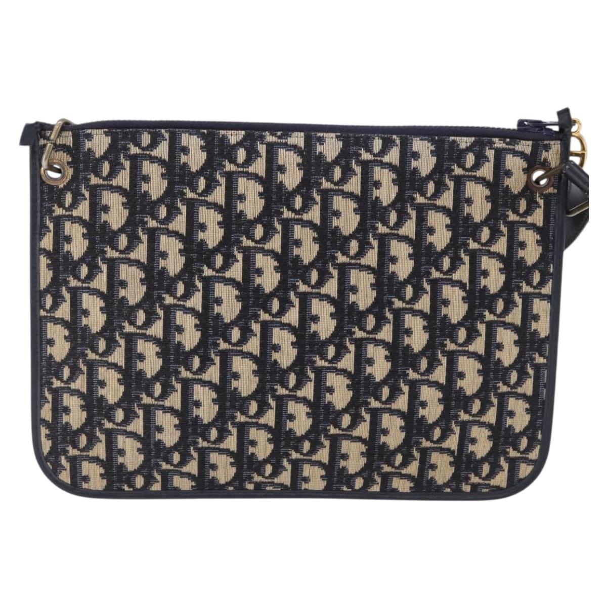 Christian Dior Trotter Canvas Shoulder Bag Navy Gold Tone Auth 198511A
