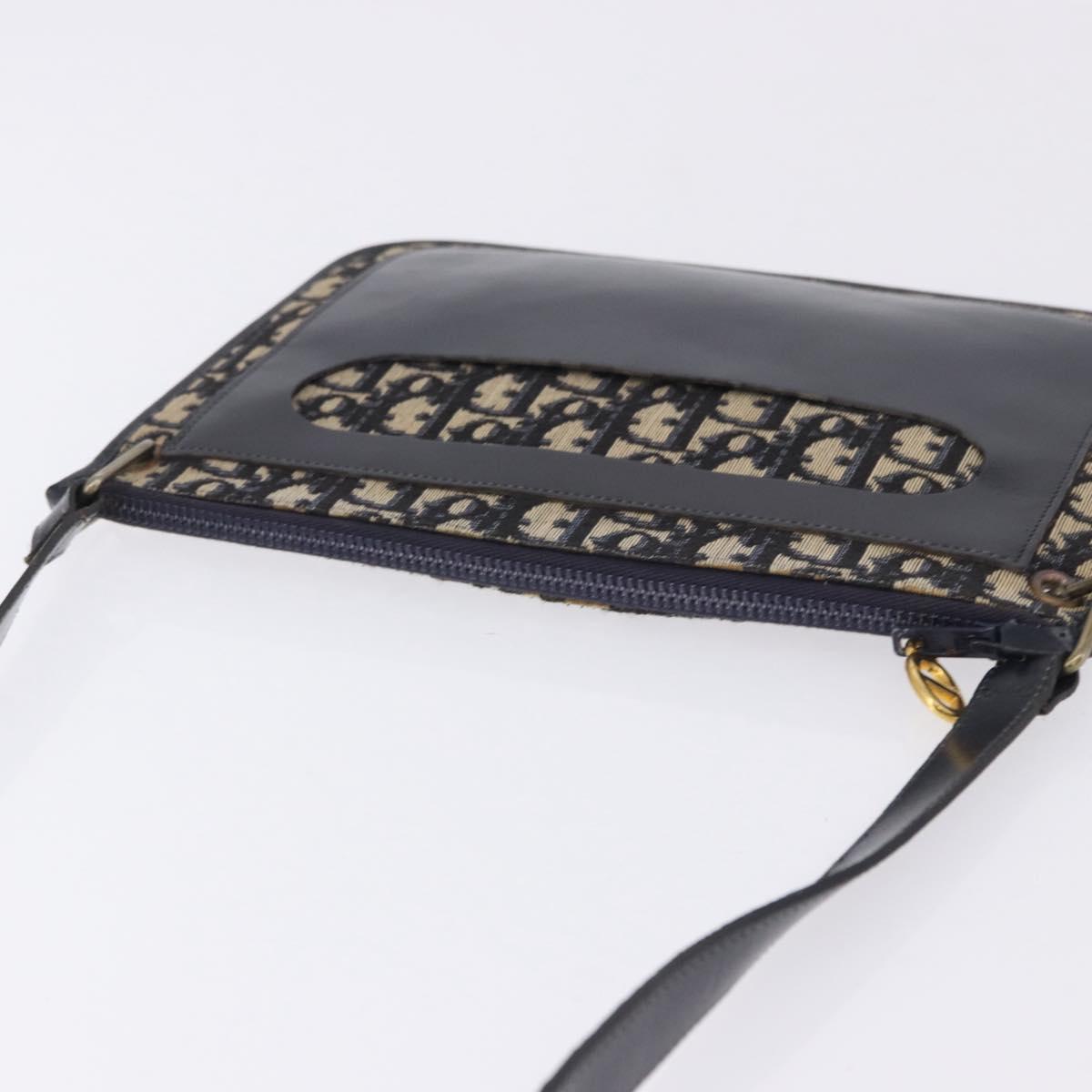 Christian Dior Trotter Canvas Shoulder Bag Navy Gold Tone Auth 198511A