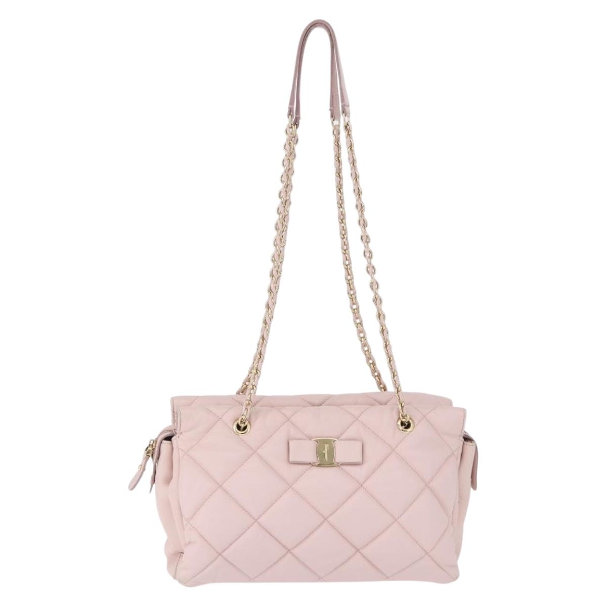 Salvatore Ferragamo Vala Chain Shoulder Bag Leather Pink Gold Tone Auth 198526A