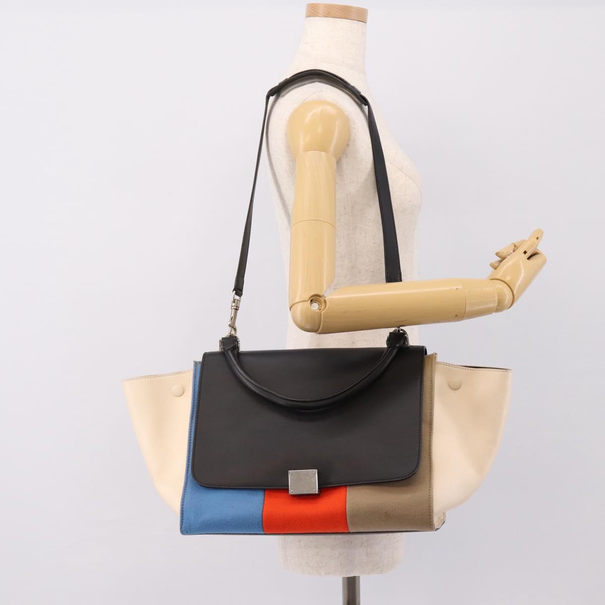CELINE Trapeze Hand Bag Wool 2way Beige Silver Auth 198538V