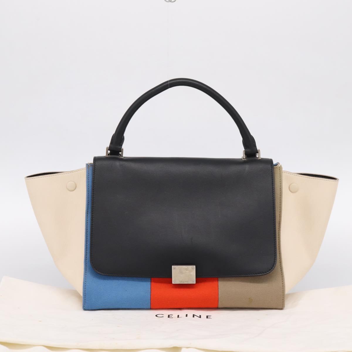 CELINE Trapeze Hand Bag Wool 2way Beige Silver Auth 198538V