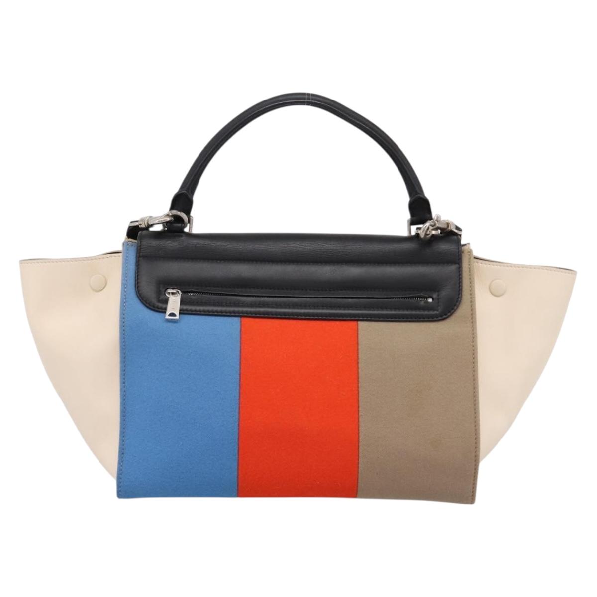 CELINE Trapeze Hand Bag Wool 2way Beige Silver Auth 198538V