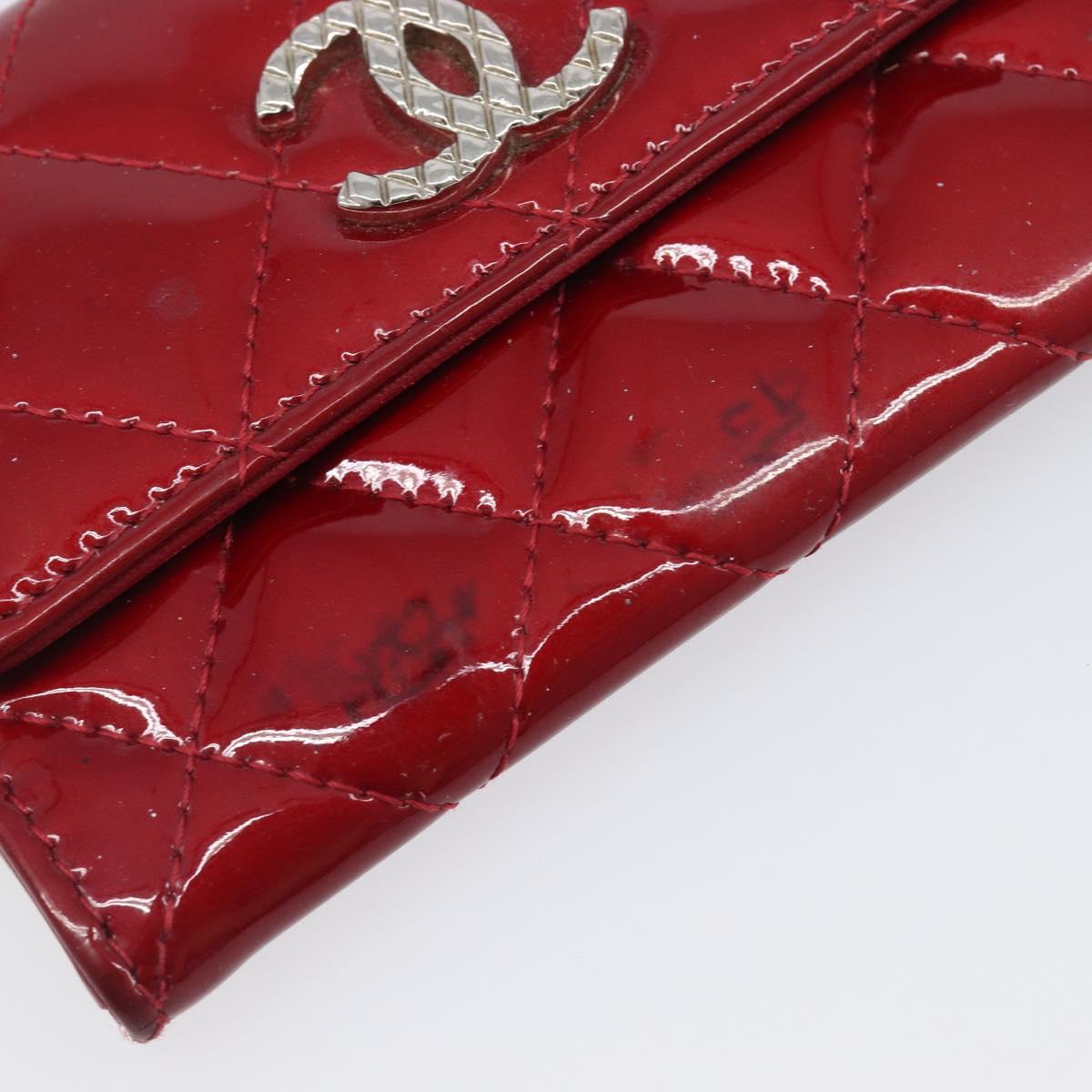 CELINE Matelasse Card Case Patent Red Silver Auth 198555