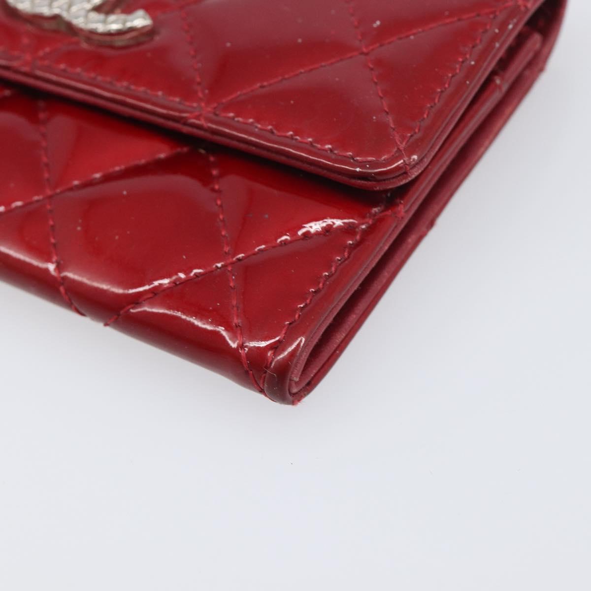 CELINE Matelasse Card Case Patent Red Silver Auth 198555