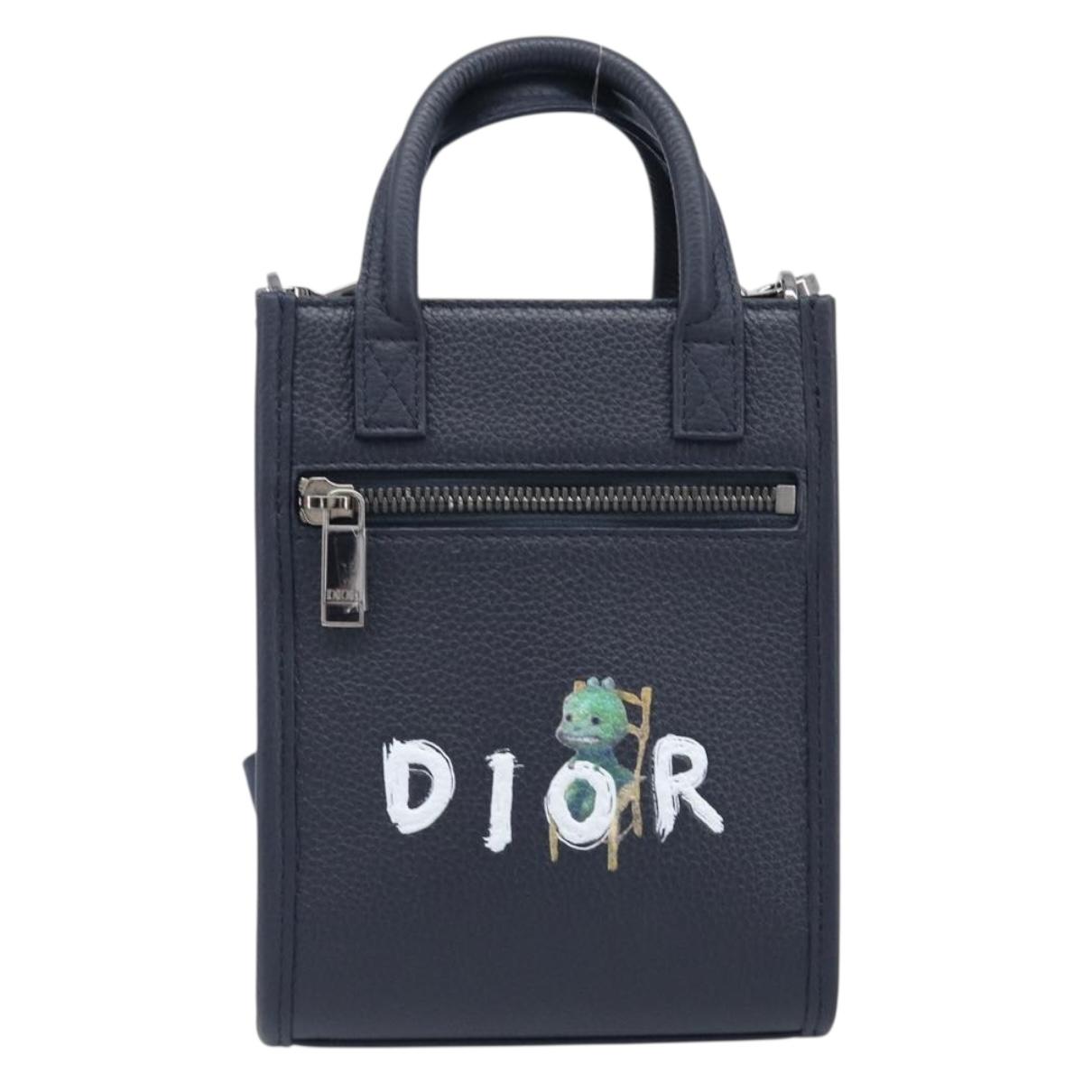 Christian Dior North South Hand Bag Leather 2way Navy Silver Auth 198600M