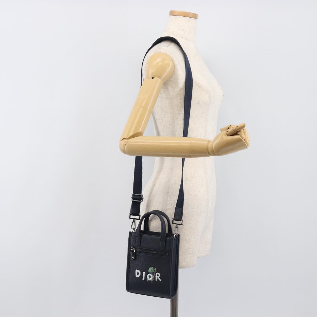 Christian Dior North South Hand Bag Leather 2way Navy Silver Auth 198600M