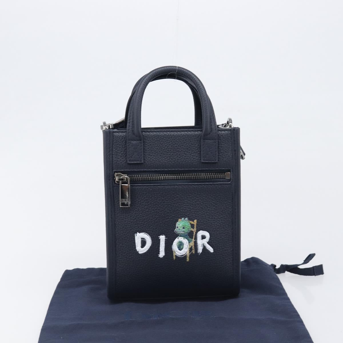 Christian Dior North South Hand Bag Leather 2way Navy Silver Auth 198600M