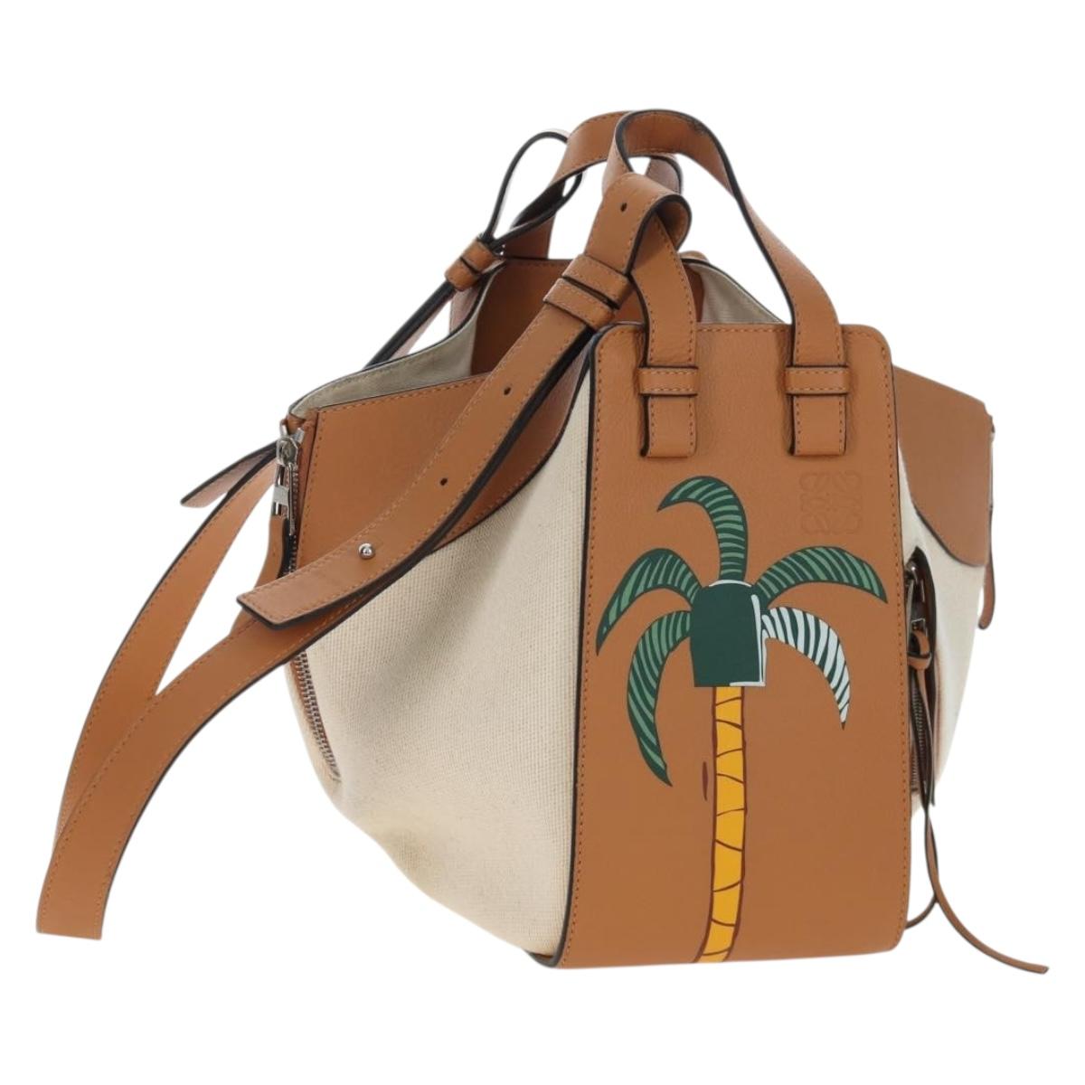 LOEWE Hammock Small Hand Bag Canvas Leather 2way Beige Silver Auth 198601M