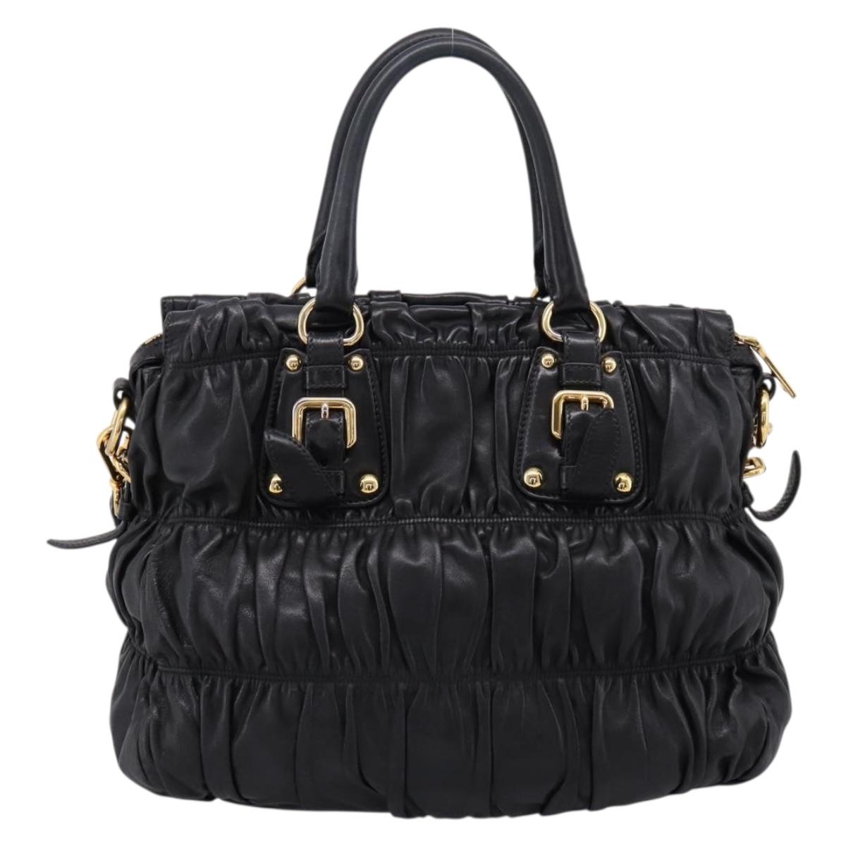 PRADA Nappa Goful Hand Bag Leather 2way Black Gold BN1407 Auth 198604A
