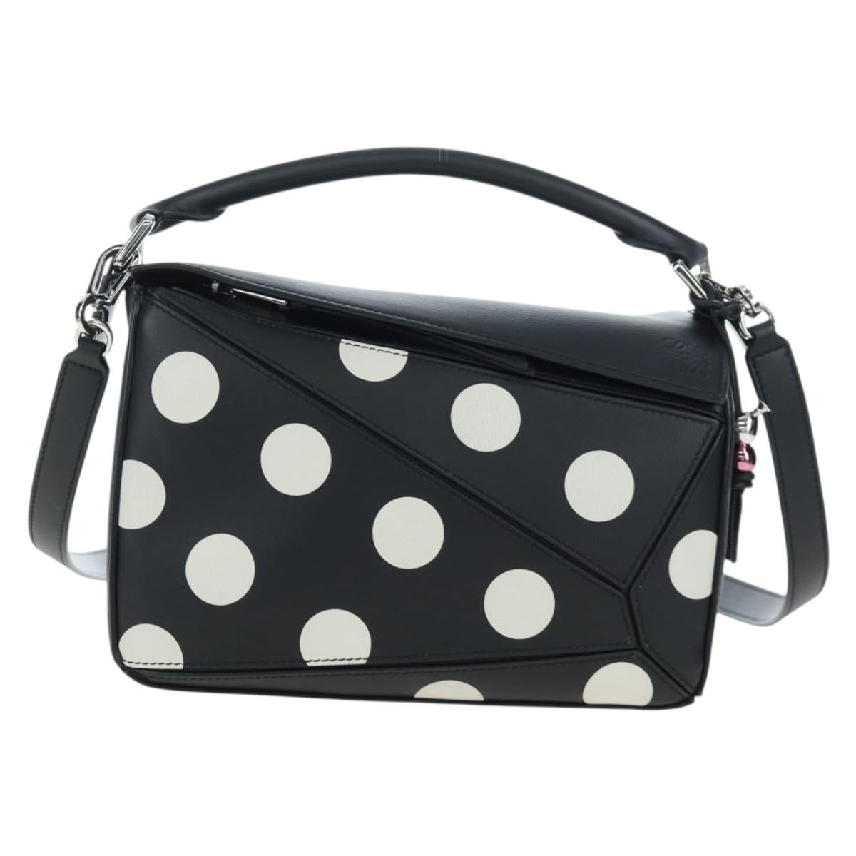 LOEWE Puzzle 10 Puzzle Bag Small Leather 2way Black Silver Auth 198606SM