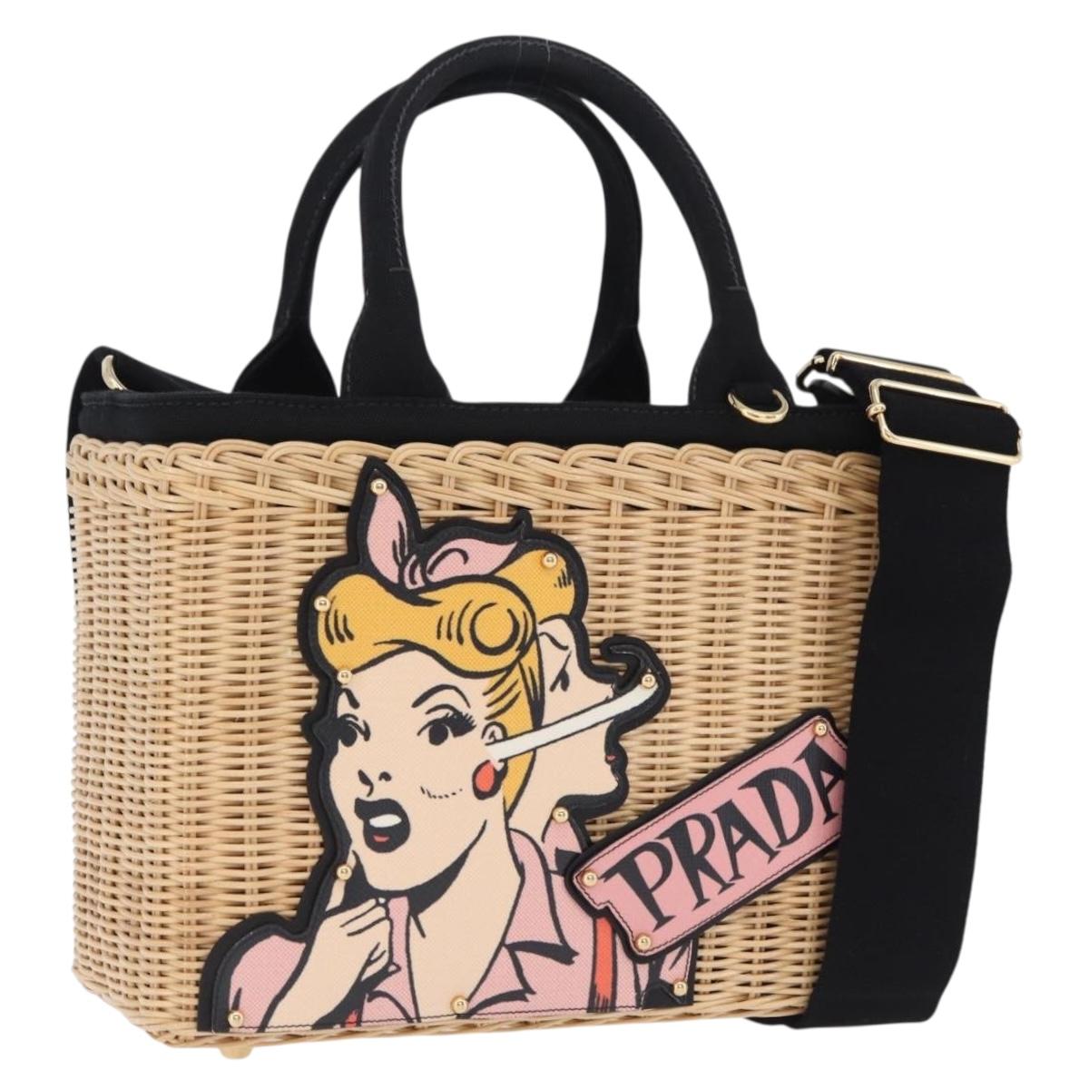 PRADA Wicker Canapa Hand Bag Rattan 2way Beige Gold 1BG835 Auth 198609SAM