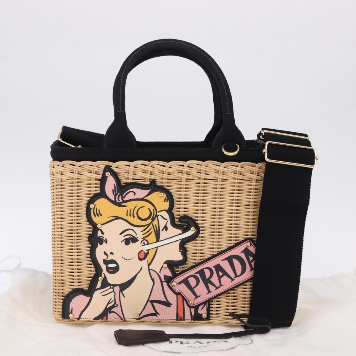 PRADA Wicker Canapa Hand Bag Rattan 2way Beige Gold 1BG835 Auth 198609SAM