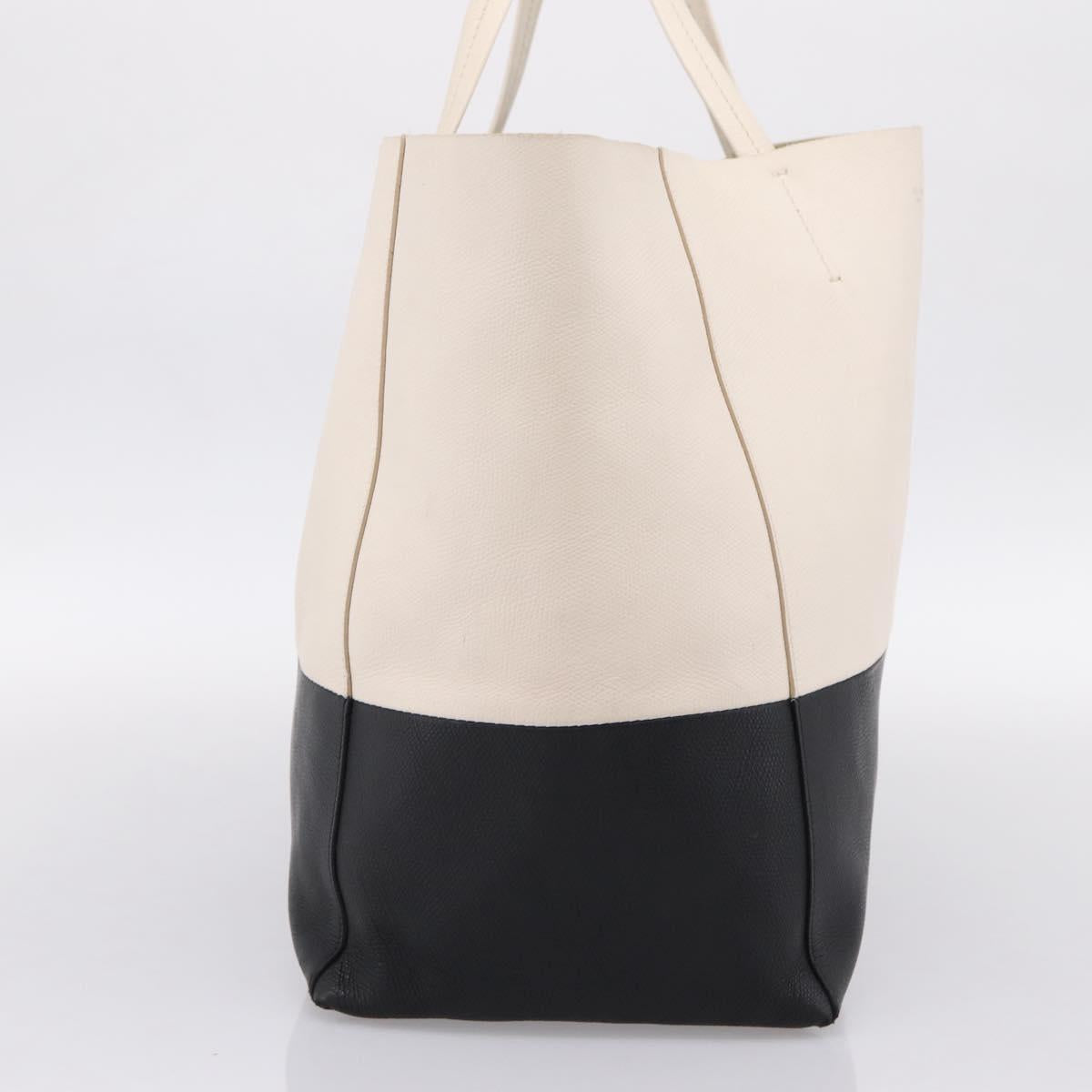 CELINE Horizontal Cabas Large Tote Bag Leather White Black Auth 198621A