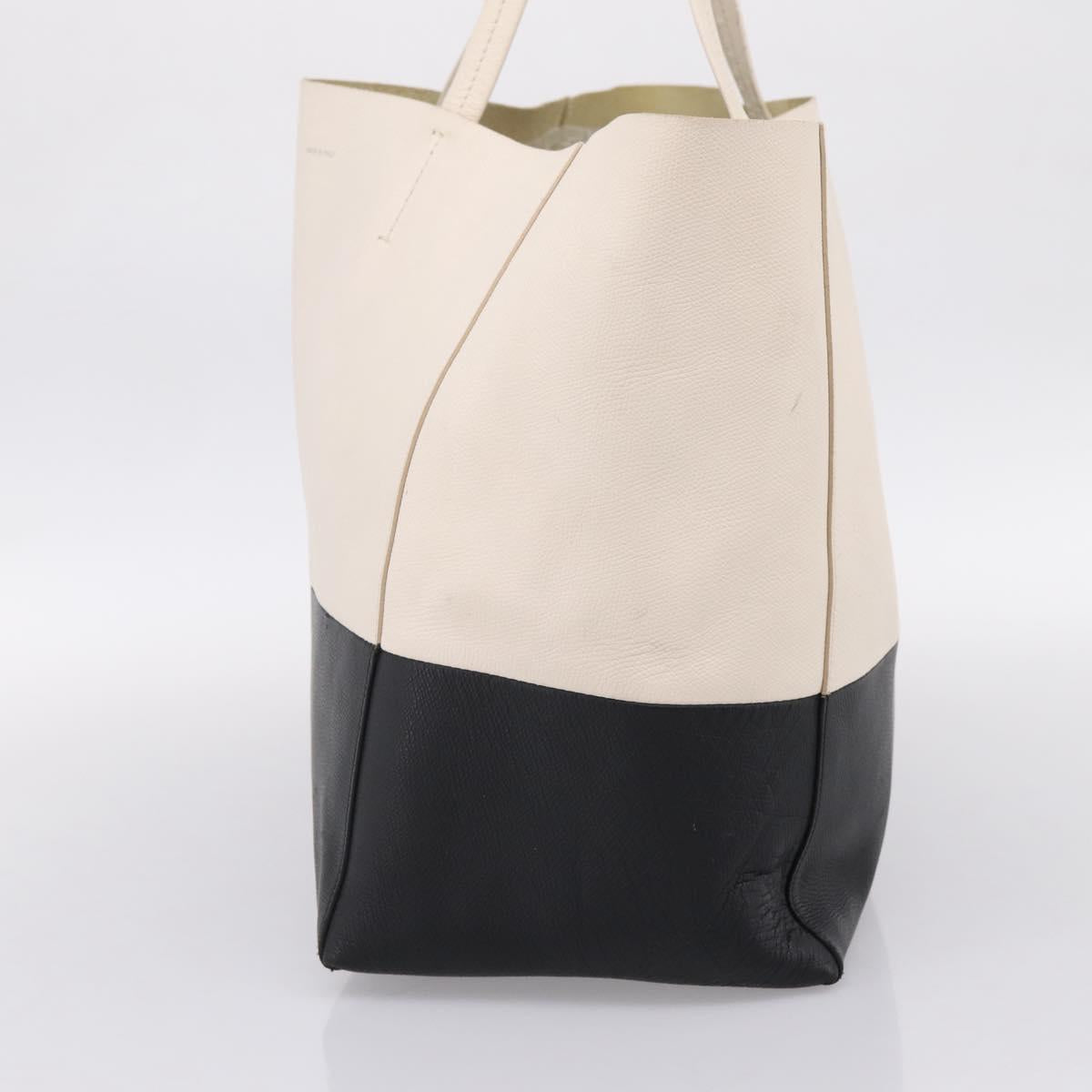 CELINE Horizontal Cabas Large Tote Bag Leather White Black Auth 198621A
