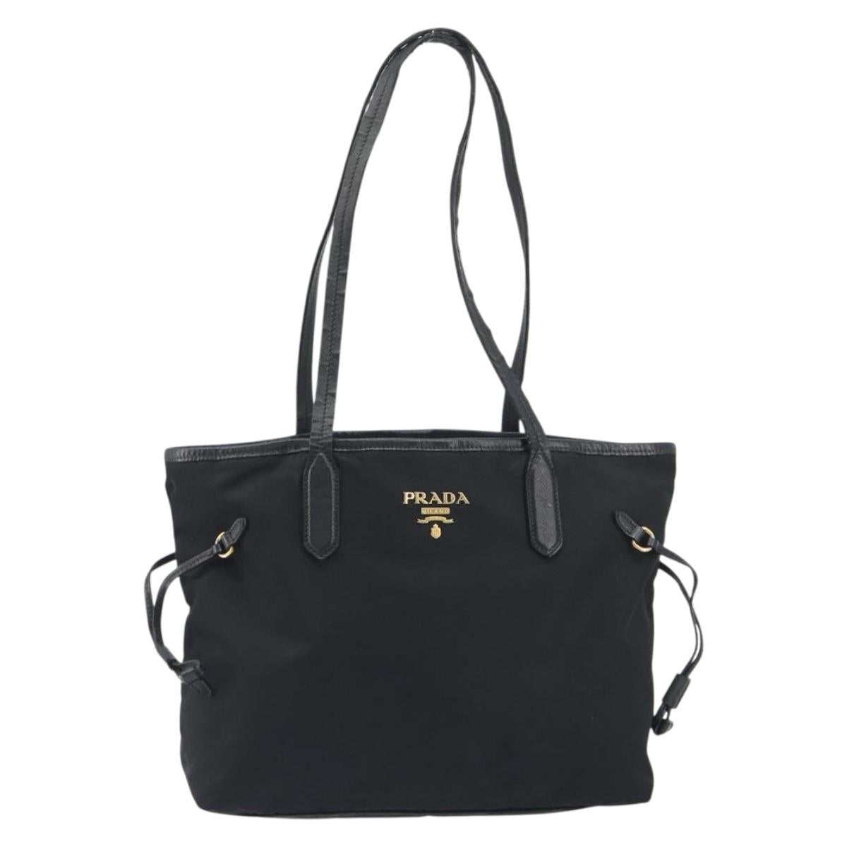 PRADA Tote Bag Nylon Black Gold Tone Auth 198624