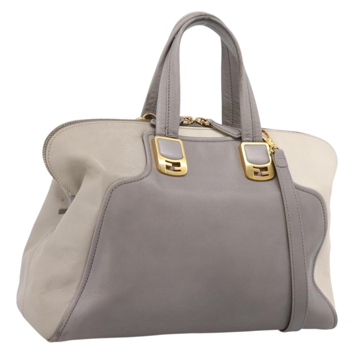 FENDI Chameleon Hand Bag Leather 2way Gray Gold Tone 8BL110 Auth 198625A