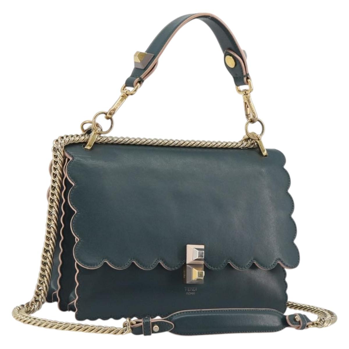 FENDI Canay Chain Shoulder Bag Leather 2way Green Gold Tone 8BT283 Auth 198639