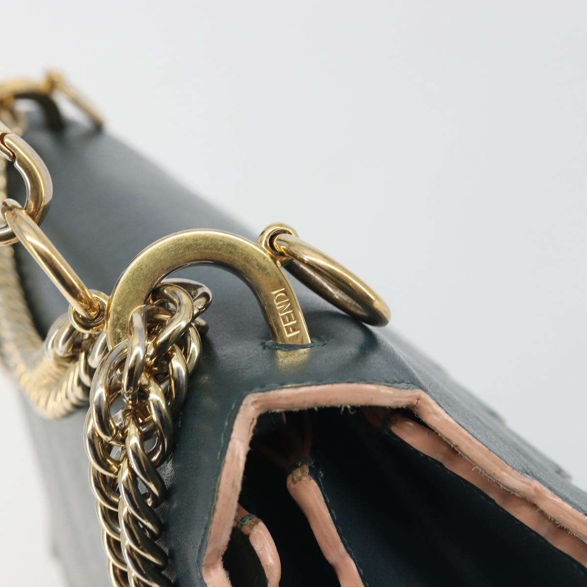 FENDI Canay Chain Shoulder Bag Leather 2way Green Gold Tone 8BT283 Auth 198639