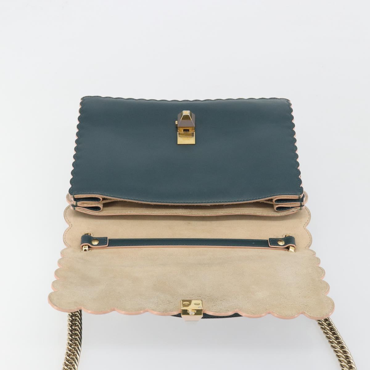 FENDI Canay Chain Shoulder Bag Leather 2way Green Gold Tone 8BT283 Auth 198639