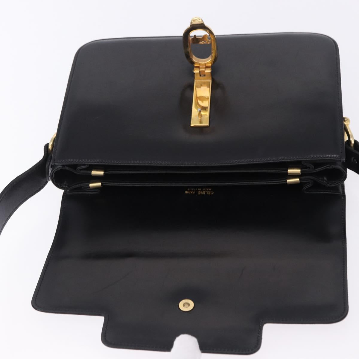 CELINE Horse Carriage Shoulder Bag Leather Black Gold Tone Auth 198641