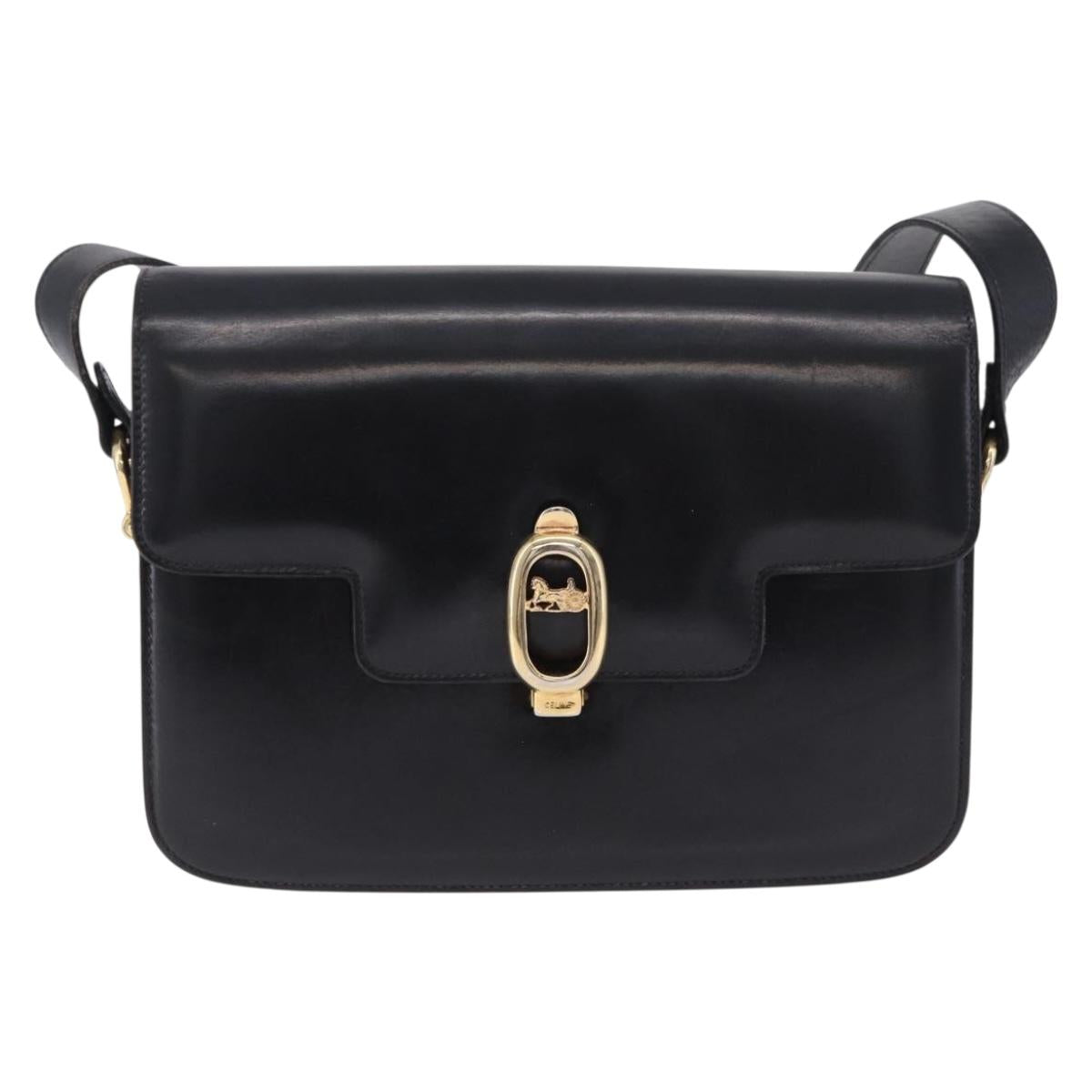 CELINE Horse Carriage Shoulder Bag Leather Black Gold Tone Auth 198641