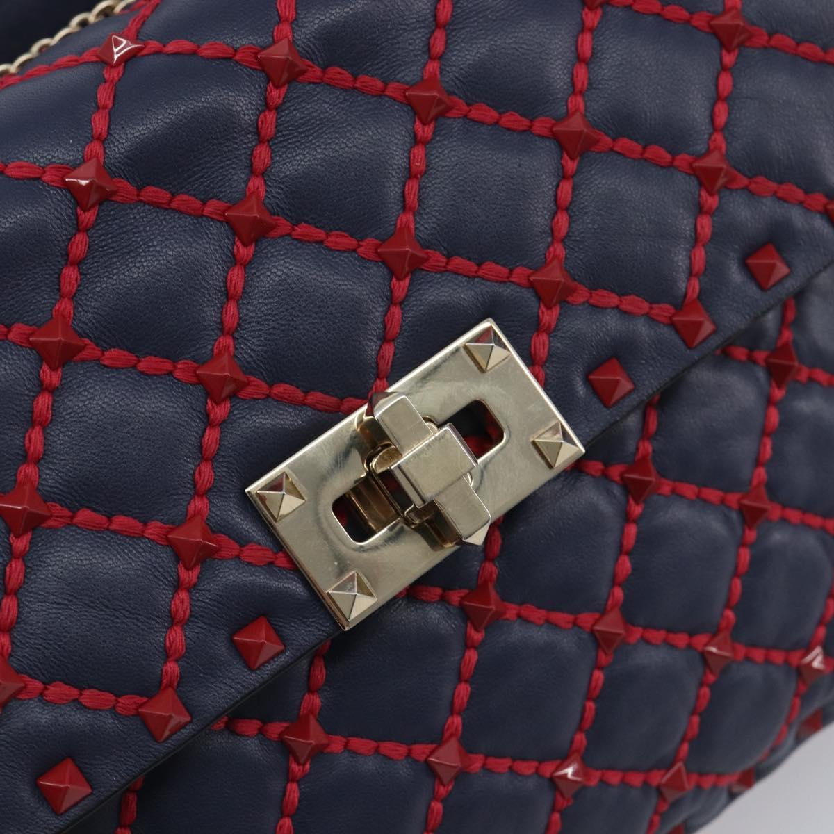 VALENTINO Rock Studs Chain Shoulder Bag Leather 2way Navy Gold Auth 198645M