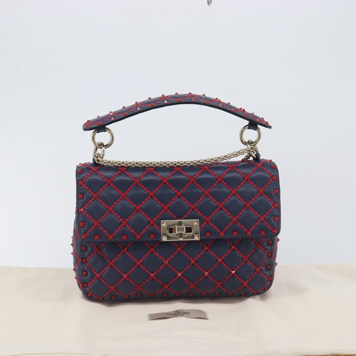 VALENTINO Rock Studs Chain Shoulder Bag Leather 2way Navy Gold Auth 198645M